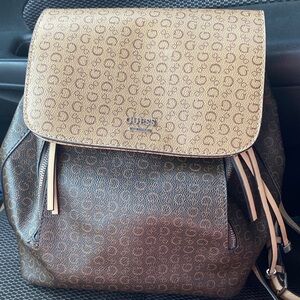 Guess Two-Tone Logo Backpack — Tan and Brown
